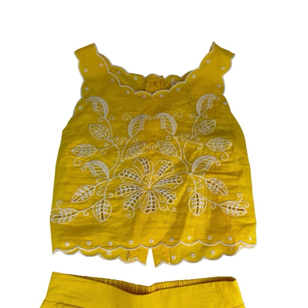 Christian Siriano Yellow Linen Embroidered Eyelet 2 Piece Crop Top Pants Set M - Picture 3 of 12